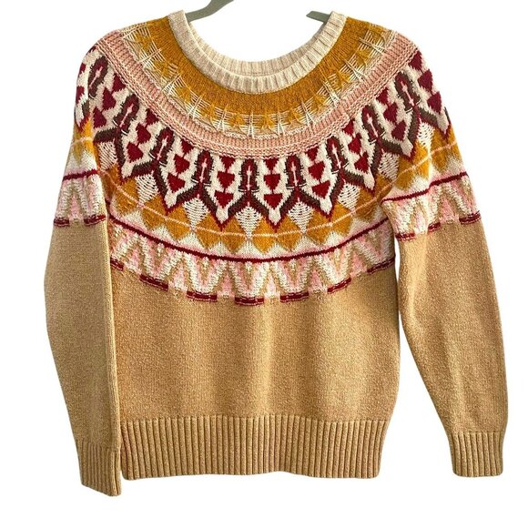 Sundance Nordic Fair Isle Sweater Cotton Wool Tan Baby Pink Crewneck Pullover XS - Picture 2 of 12